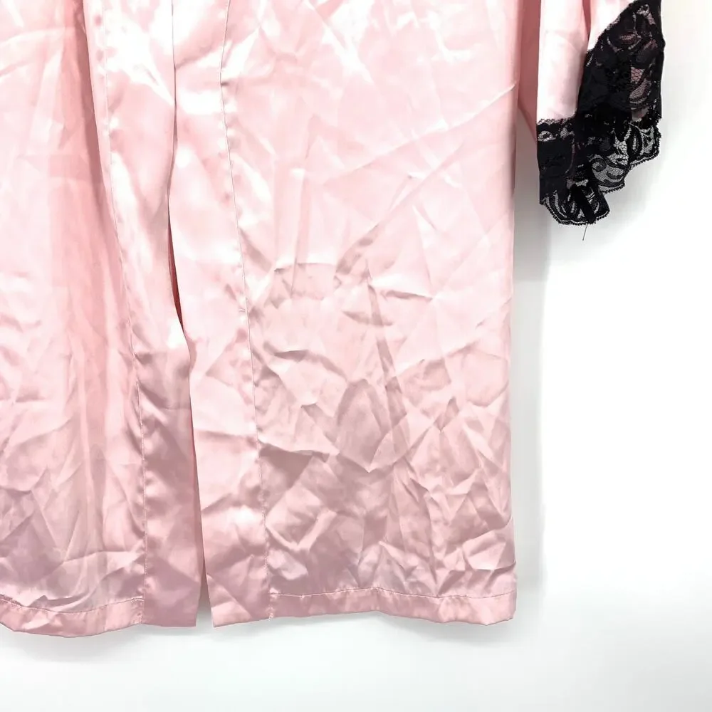 Victorias Secret Robe Tie Waist Womens Size XL Pink Satin Black Lace